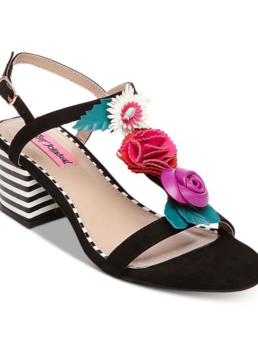 Betsey Johnson Andey Black Sandals Multicolored Floral Accents Size 7 Block Heel